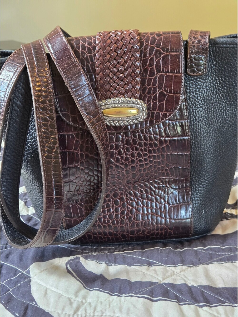 Brighton Black Pebbled and Brown Croc Leather Medium Shoulder Bag